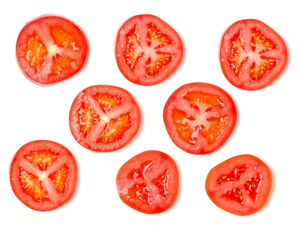 トマトスライスで作られた創造的なレイアウト フラットレイアウト トップビュー 食べ物の概念 白い背景に隔離された野菜 食材のパターン — ストック写真