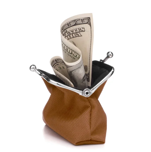 Brown Cash Wallet Isolated White Background Charge Purse Hundred Dollar — Stock Photo, Image