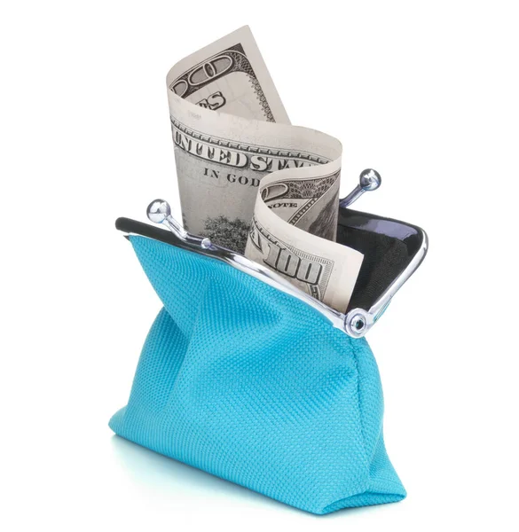 Blaue Geldbörse Isoliert Auf Weißem Hintergrund Geldbörse Mit Hundert Dollar — Stockfoto