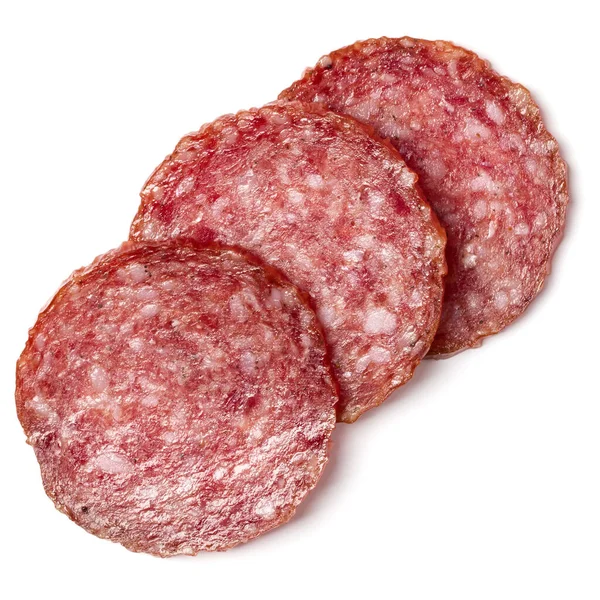 Slices Salami Isolated White Background Closeup Sausage Top View — Stock Photo, Image