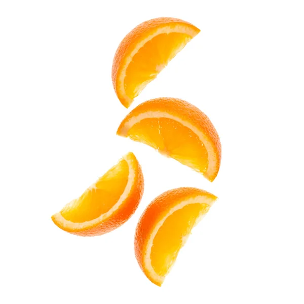 Falling Fresh Orange Fruit Slices Isolated White Background Closeup Flying — Stock Photo, Image