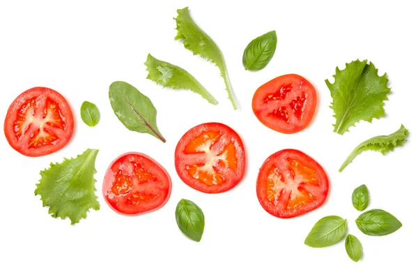 Creatieve Lay Out Gemaakt Van Tomatenschijfjes Sla Salade Bladeren Vlakke — Stockfoto