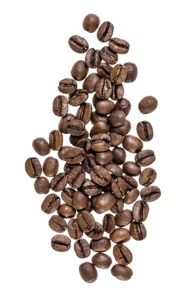咖啡豆隔离在白色背景上 顶部视图 咖啡豆在空气中流动 没有阴影 — 图库照片
