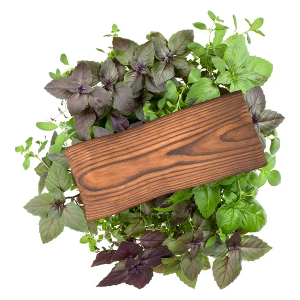 Wooden Burnt Board Various Sweet Basil Herb Leaves Background Healthy — Stock Photo, Image
