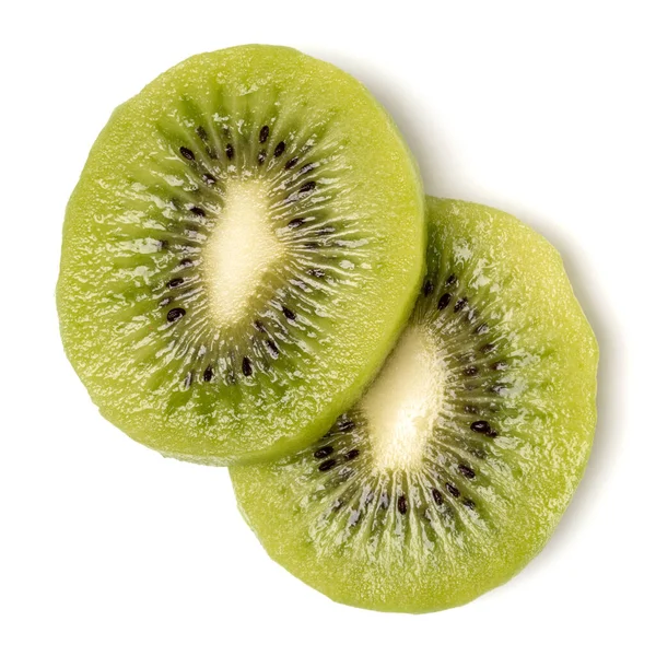 Două Felii Fructe Kiwi Decojite Izolate Fundal Alb Închidere Felii — Fotografie, imagine de stoc