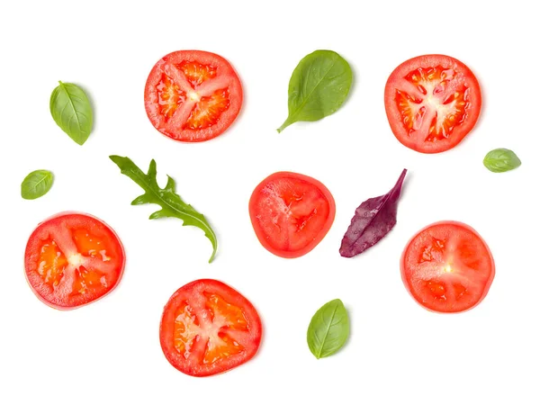 Layout Criativo Feito Fatias Tomate Folhas Salada Alface Deitado Plano — Fotografia de Stock