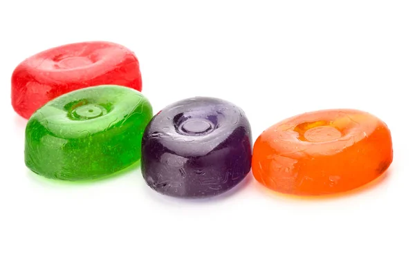 Τέσσερα Από Πολύχρωμα Φρούτα Σκληρό Ζάχαρη Καραμέλες Βρασμένο Sweeties Δαμάσκηνα — Φωτογραφία Αρχείου