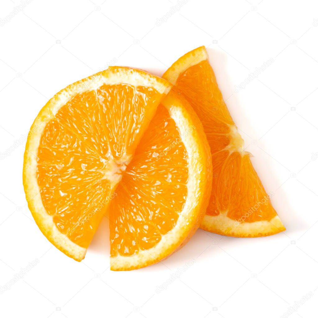 Orange fruit slice layout isolated on white background closeup. Food background. Flat lay, top view.