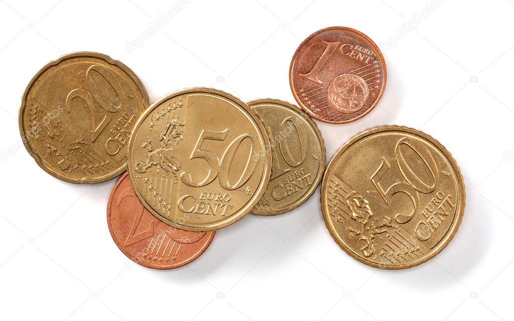 Euro coins isolated over white background closeup. Money concept. Top view, flat lay.