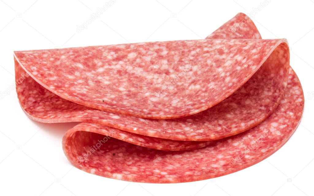 Salami smoked sausage slices isolated on white background
