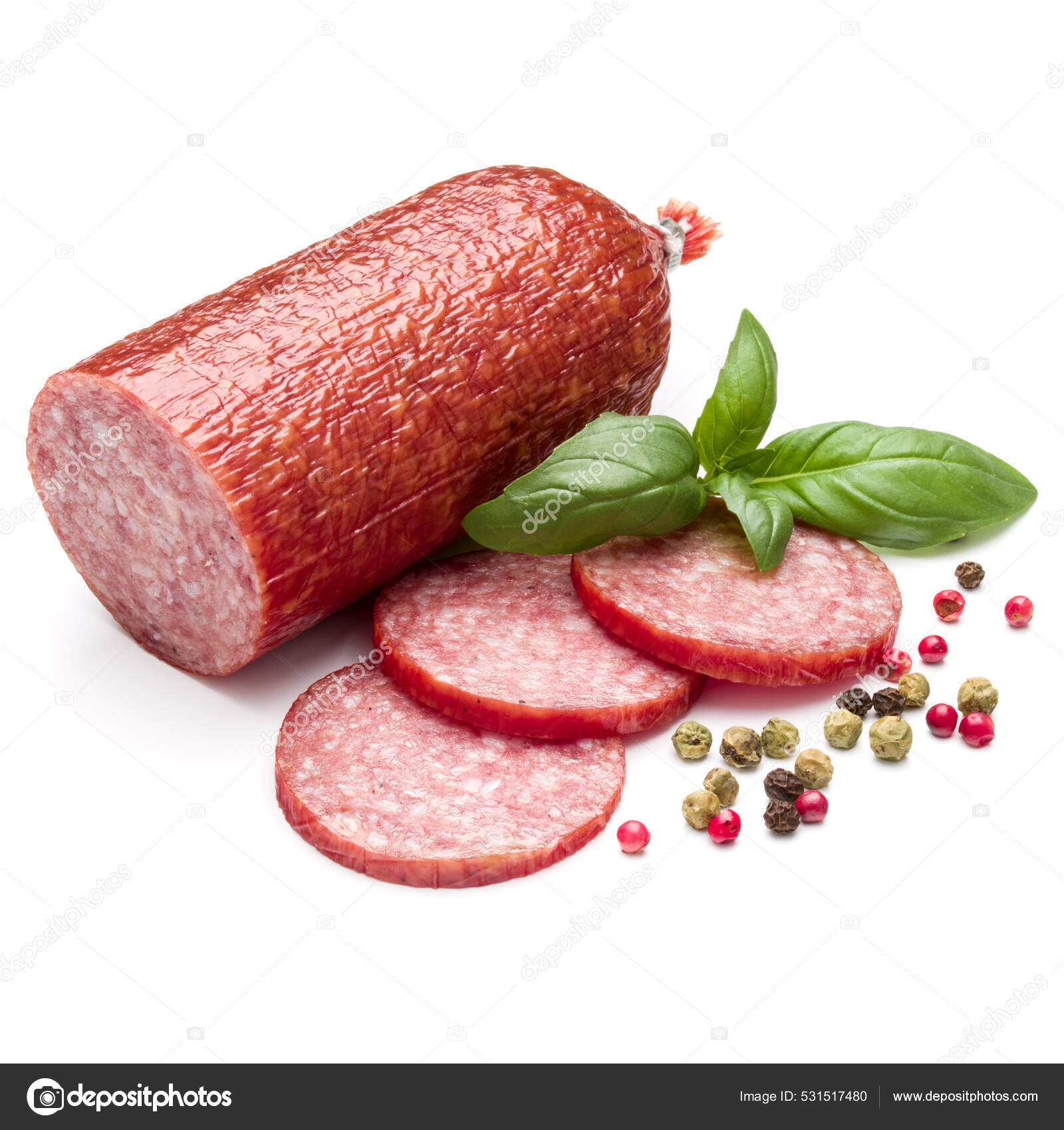 Salami Smoked Sausage Basil Leaves Peppercorns Isolated White Background Cutout Stock Photo by
