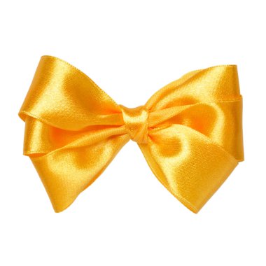 Beyaz arka plan üzerinde izole sarı renkte parlak saten şerit yay yakın çekim