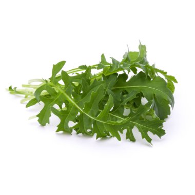 Taze rucola yaprakları yeşil beyaz arka plan üzerinde izole stüdyo çekim kapatın. Roket salata veya roka.