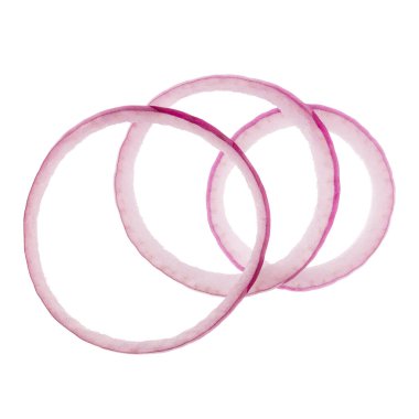 beyaz arka plan üzerinde izole kırmızı soğan dilimleri. Üst te. Düz yatıyordu. Havada kırmızı soğan dilimi, gölge olmadan...