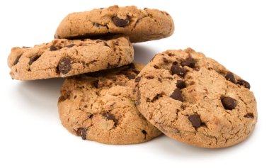 Beyaz arka planda izole edilmiş çikolatalı kurabiyeler. Tatlı bisküviler. Ev yapımı pasta..