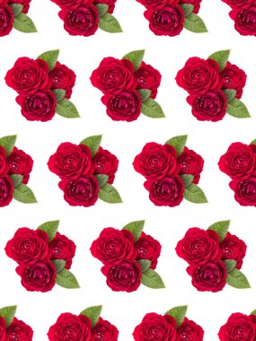 Beyaz arka planda yeşil yapraklı kırmızı gül buketi. Çiçeksiz desen.