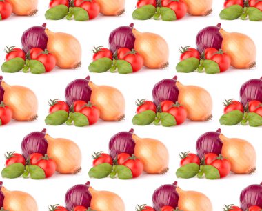 Soğan, kiraz, domates ve fesleğen yaprakları beyaz arka planda izole bir hayat sürüyor. Kusursuz yemek kalıbı.