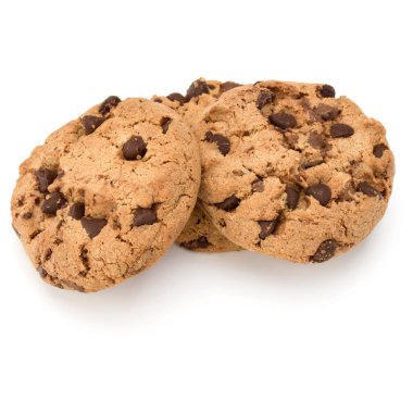 Beyaz arka plan üzerinde izole üç çikolatalı kurabiye. Tatlı bisküvi. Ev yapımı pasta.