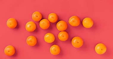 Canlı mercan arka plan taze portakal mandalina veya mandalina meyve desen. Düz yatıyordu, üstten bak. Pop art tasarımı, yaratıcı yaz konsepti. Minimal tarzda narenciye.