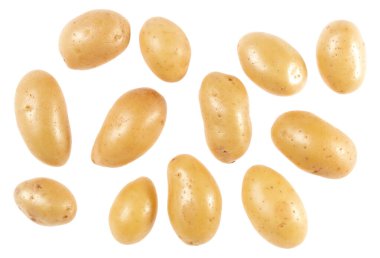 Patates beyaz arka plan üzerinde izole. Üst te. Düz döşeme deseni. Havada patates, gölge olmadan.