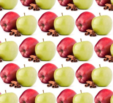 Kırmızı ve yeşil elma, tarçın çubukları ve nane yaprakları hala yaşam beyaz cutout izole. Dikişsiz gıda deseni.