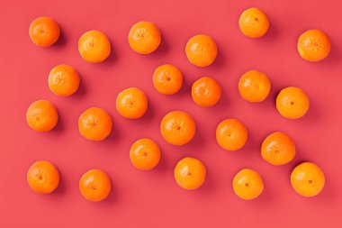 Canlı mercan arka plan taze portakal mandalina veya mandalina meyve desen. Düz yatıyordu, üstten bak. Pop art tasarımı, yaratıcı yaz konsepti. Minimal tarzda narenciye.