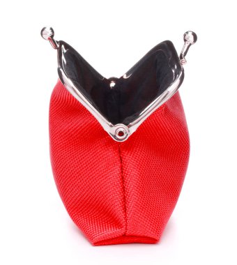 kırmızı nakit cüzdan beyaz arka plan üzerinde izole. Şarj çantası. Boş bozuk para cüzdanını aç.