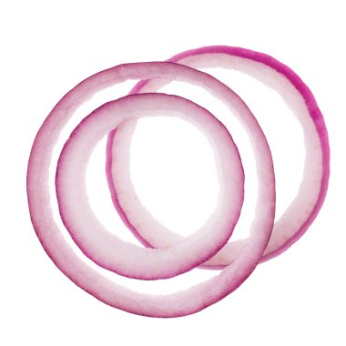 beyaz arka plan üzerinde izole kırmızı soğan dilimleri. Üst te. Düz yatıyordu. Havada kırmızı soğan dilimi, gölge olmadan.