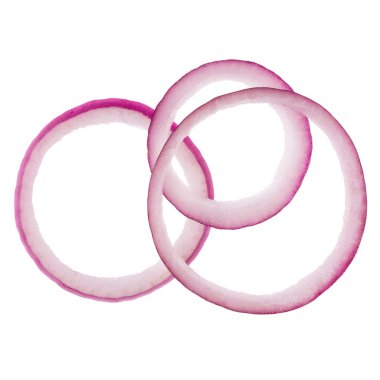 beyaz arka plan üzerinde izole kırmızı soğan dilimleri. Üst te. Düz yatıyordu. Havada kırmızı soğan dilimi, gölge olmadan.