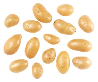 Patates beyaz arka plan üzerinde izole. Üst te. Düz döşeme deseni. Havada patates, gölge olmadan...