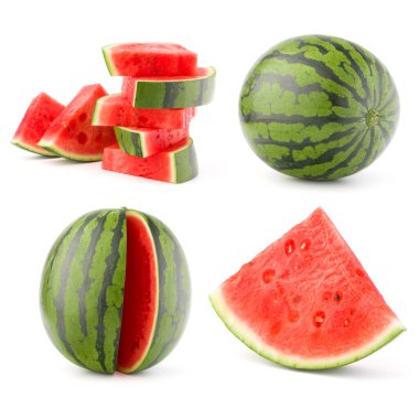 Bütünün toplanması ve beyaz arka planda izole edilmiş karpuz meyveleri. Farklı dilimler...