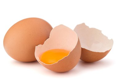 Yumurta yumurta kabuğu yarısında kırık ve çiğ yumurta beyaz arka plan kesme izole