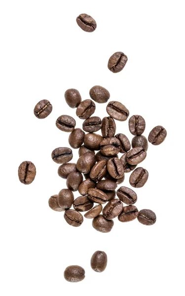白い背景に分離されたコーヒー豆 トップビュー 平らな横たわる コーヒー豆は影なしで空気中を流れる — ストック写真