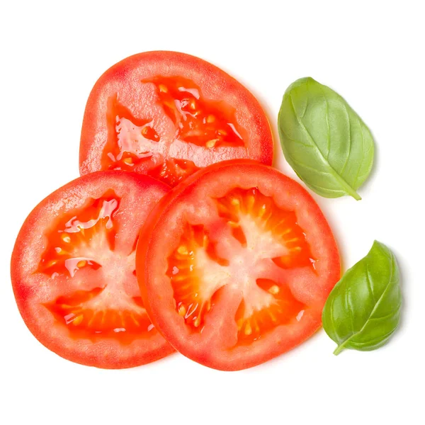 Slices Tomato Basil Leaves Isolated White Background Top View Flat — Stock Photo, Image