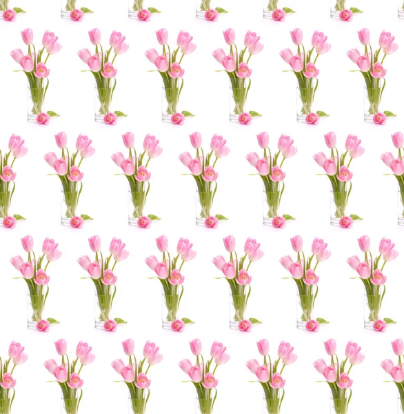 粉色郁金香花束在花瓶中 与白色背景隔离 无缝图案 — 图库照片