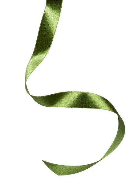 Close Van Glanzend Satijn Lint Groene Kleur Geïsoleerd Witte Achtergrond — Stockfoto