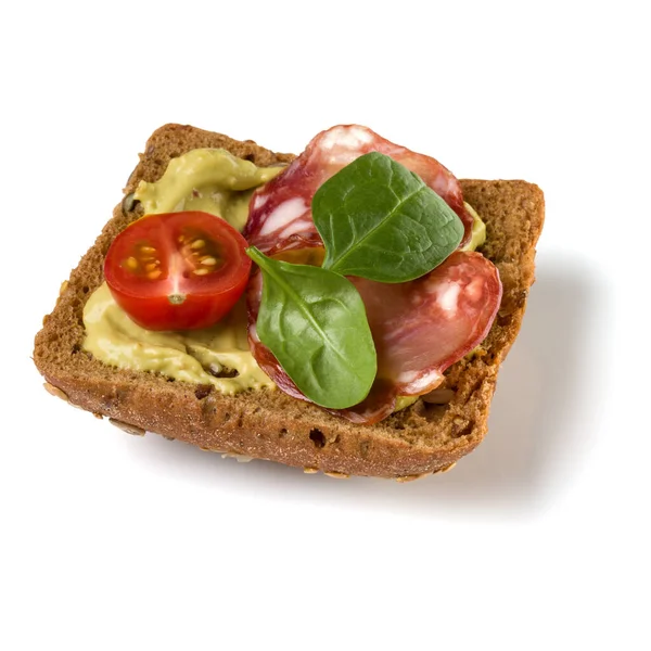 Canape Salami Open Faced Sandwich Crostini Isolated White Background Closeup — Stock Photo, Image