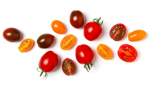 Olika Färgglada Tomater Isolerade Över Vit Bakgrund Ovanifrån Platt Kreativ — Stockfoto