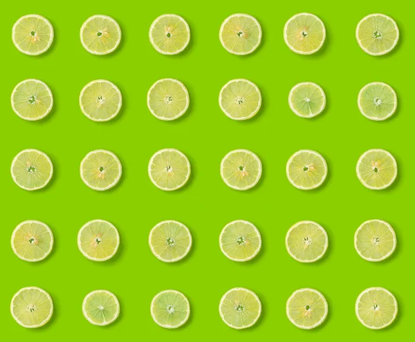 Modello Frutta Fette Limone Sfondo Verde Posa Piatta Vista Dall — Foto Stock