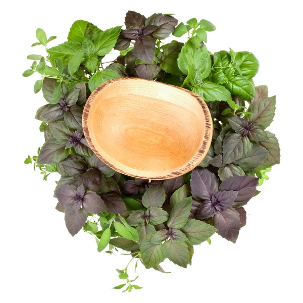 Empty Wooden Bowl Various Sweet Basil Herb Leaves Background Healthy — Stock Photo, Image