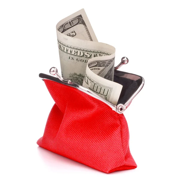 Rote Geldbörse Isoliert Auf Weißem Hintergrund Geldbörse Mit Hundert Dollar — Stockfoto