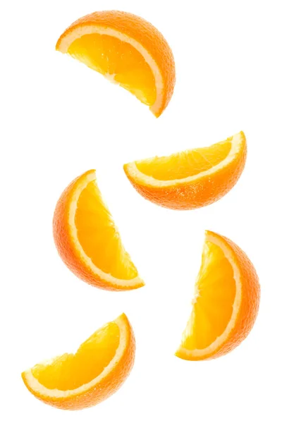 Falling Fresh Orange Fruit Slices Isolated White Background Closeup Flying — Stock Photo, Image