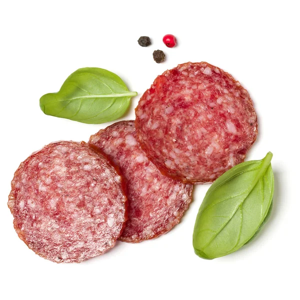 Fette Salame Isolate Fondo Bianco Primo Piano Salsiccia Foglie Basilico — Foto Stock