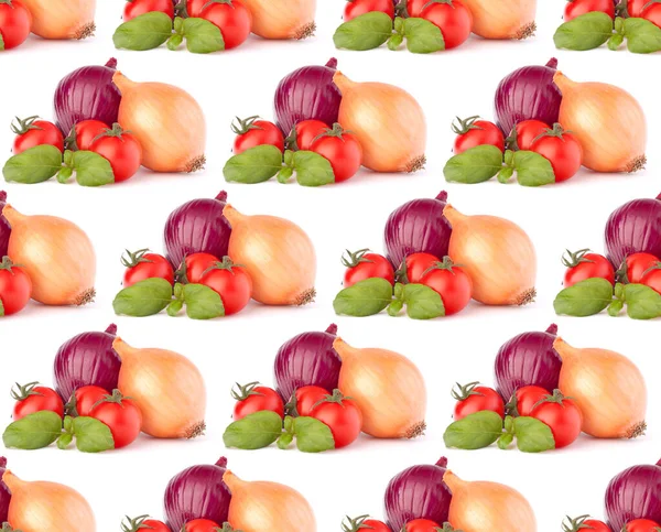 Cebolla Tomate Cereza Hierba Albahaca Dejan Bodegones Aislados Sobre Fondo —  Fotos de Stock
