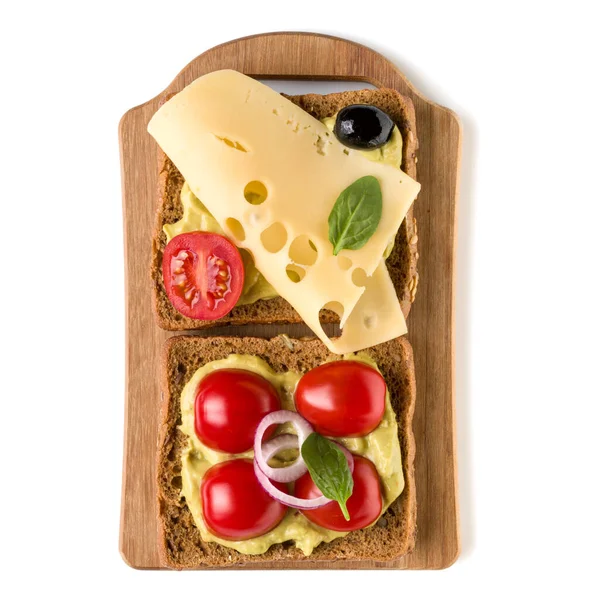 Open Faced Sandwich Canape Crostini Wooden Serving Board Isolated White — Stock Photo, Image