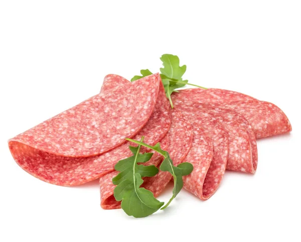 Salami Tranches Saucisse Fumée Isolé Sur Fond Blanc — Photo