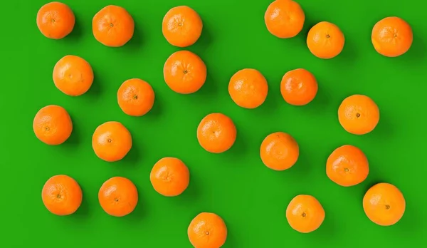 Ovocný Vzorek Čerstvé Oranžové Tangerin Nebo Mandarína Zeleném Pozadí Plochý — Stock fotografie