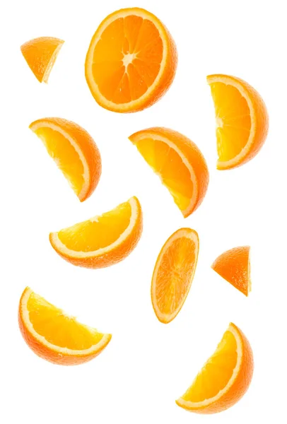 Falling Fresh Orange Fruit Slices Isolated White Background Closeup Flying — Stock Photo, Image