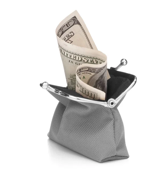 Grey Cash Wallet Isolated White Background Charge Purse Hundred Dollar — Stock Photo, Image