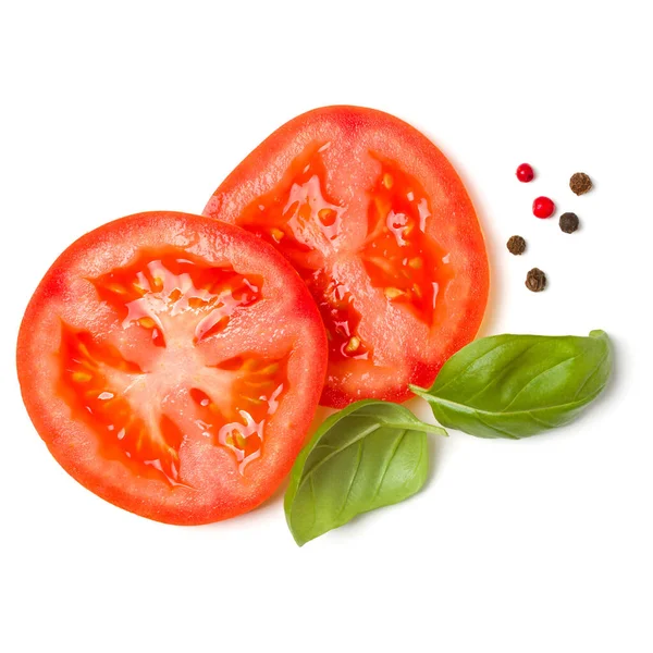 Slices Tomato Basil Leaves Isolated White Background Top View Flat — Stock Photo, Image